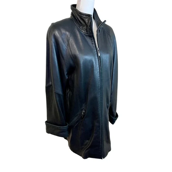 Vintage Y2K LIZ CLAIBORNE Black Leather Car Coat Jacket Zip Sz M Minimalist Goth - Picture 5 of 16